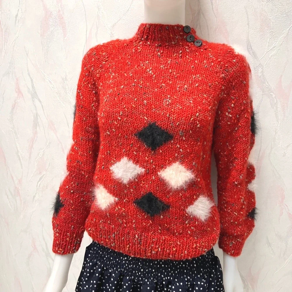 Handknitted Red Chunky Argyle Sweater Mock Neck Grannycore Cabin‎ Preppy Small